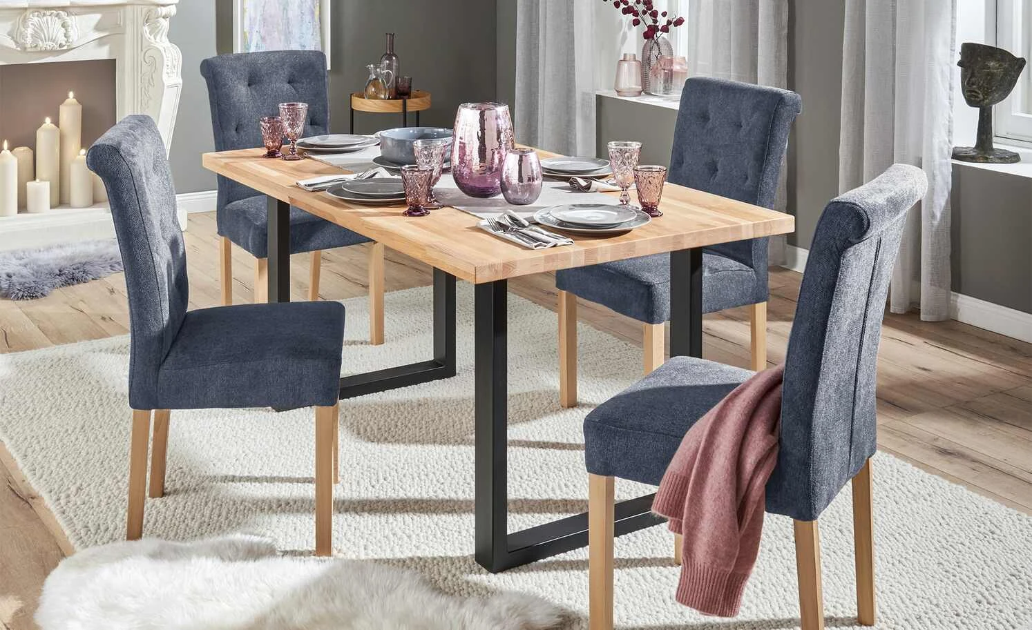 Woodford 2er Set Polsterstuhl Messena | Nachtblau Buche